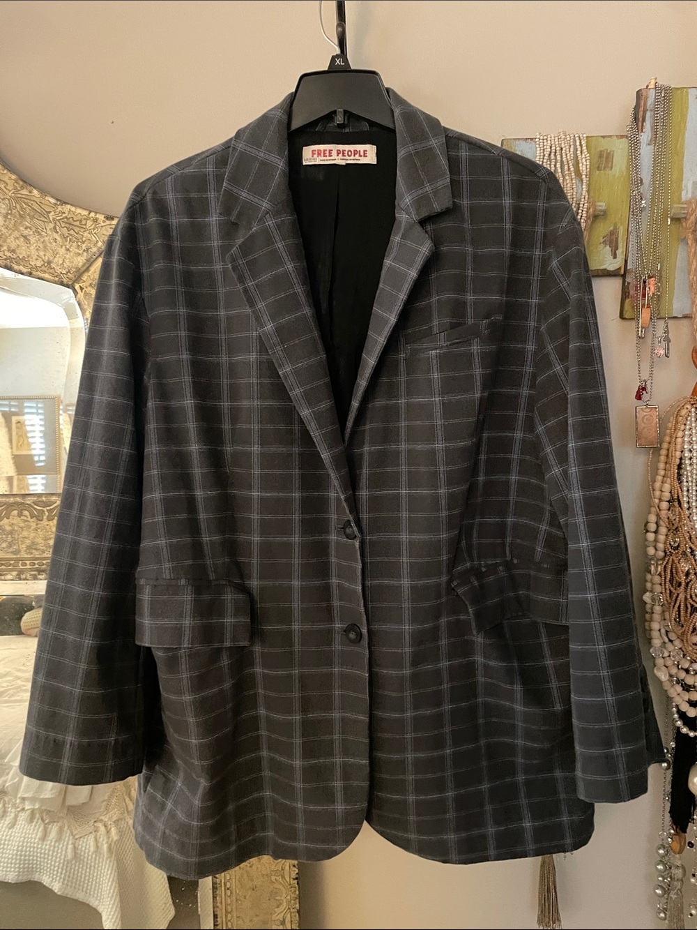 Free People Reggie Dark Charcoal Blue/Gray Plaid Blazer